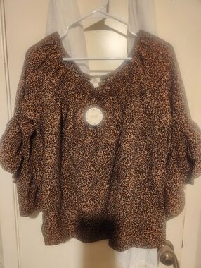 ODDY Leopard Print Puff Sleeve Top in Brown and Black Blouse